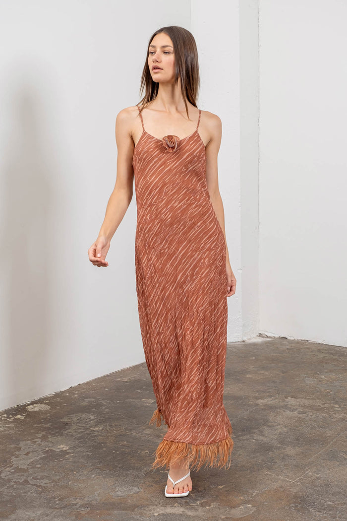 Crinkled Sleeveless Slip Dress with Feather Detail