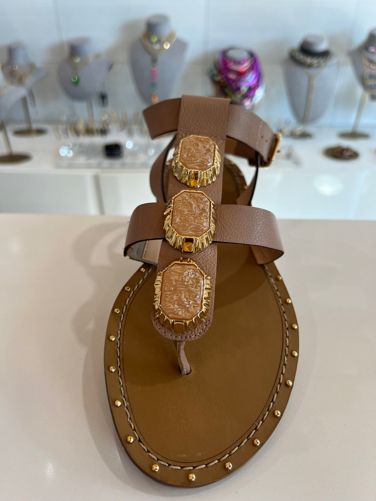 Buckled Leather Sandal with Stones