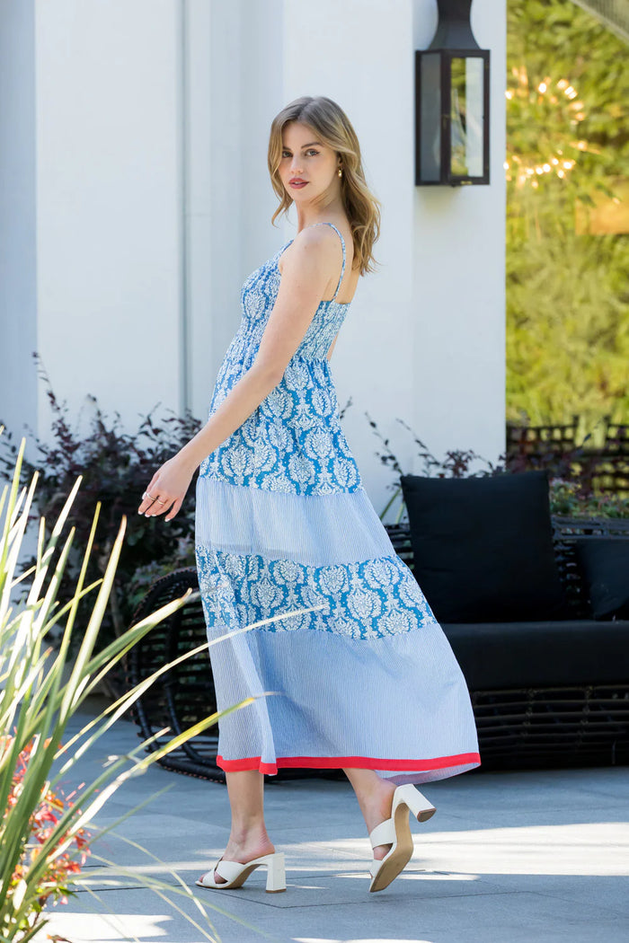 Smocked Stripe Print Maxi Dress