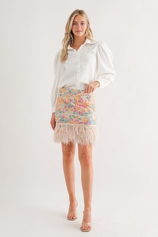 Sequin Feather Trim Mini Skirt