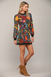 Garden Jacquard Knit Sweater Mini Dress