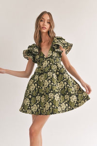Floral Jacquard Ruffle Sleeve Dress