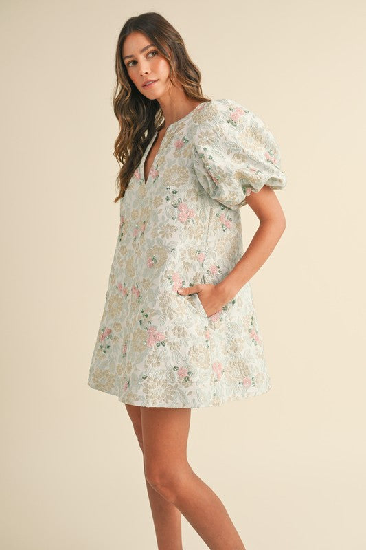 Floral Beaded Jacquard Mini Dress with Puff Sleeves