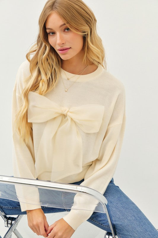 Relaxed Fit Lightweight Sweater with Bow