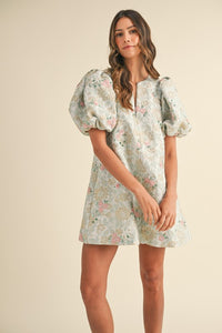 Floral Beaded Jacquard Mini Dress with Puff Sleeves