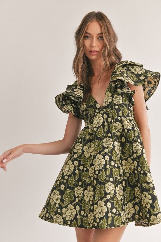 Floral Jacquard Ruffle Sleeve Dress