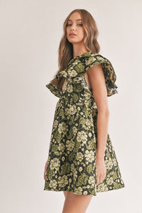 Floral Jacquard Ruffle Sleeve Dress