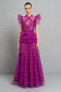 Tulle Sheer Ruffle Maxi Dress