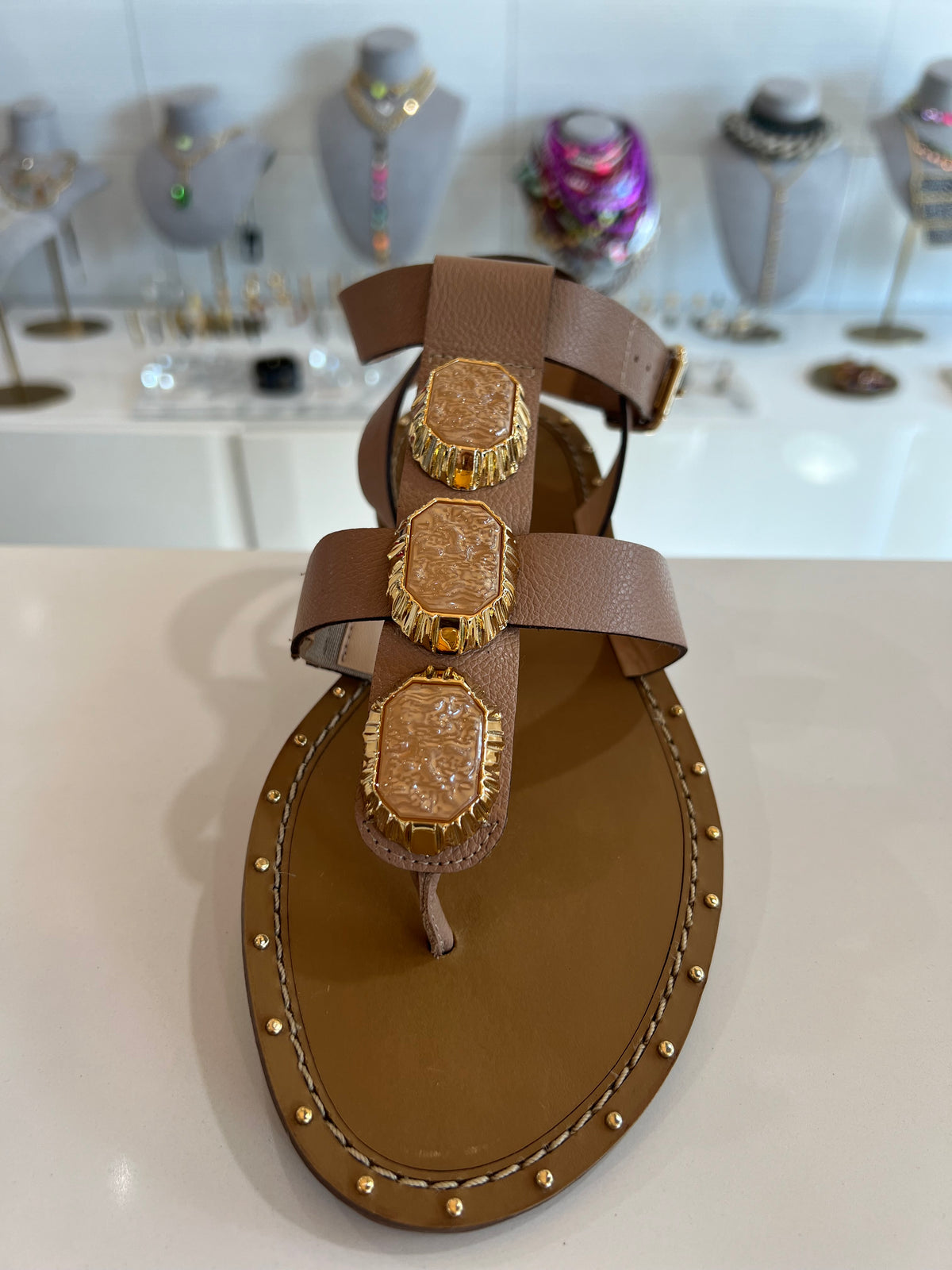 Buckled Leather Sandal with Stones