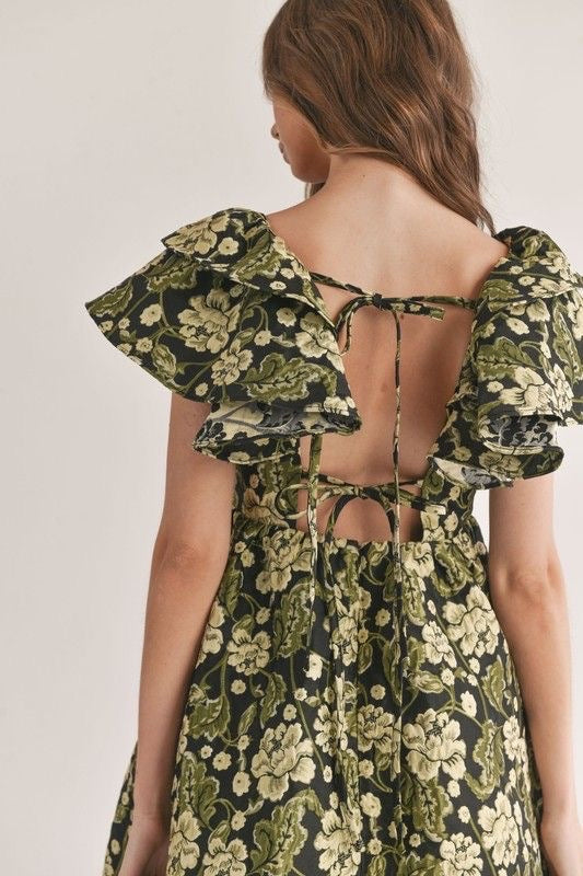 Floral Jacquard Ruffle Sleeve Dress