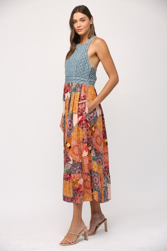 Denim Quilted Mix Media Midi Dress