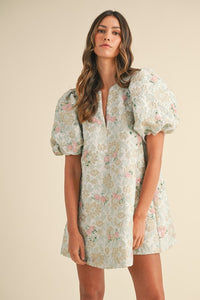 Floral Beaded Jacquard Mini Dress with Puff Sleeves