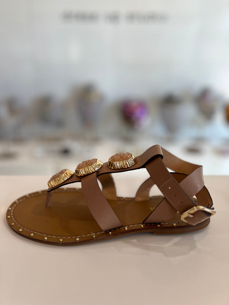 Buckled Leather Sandal with Stones