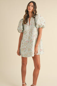 Floral Beaded Jacquard Mini Dress with Puff Sleeves