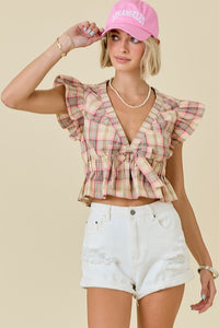 Plaid Fluttered Sleeve Top