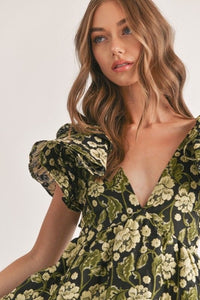 Floral Jacquard Ruffle Sleeve Dress