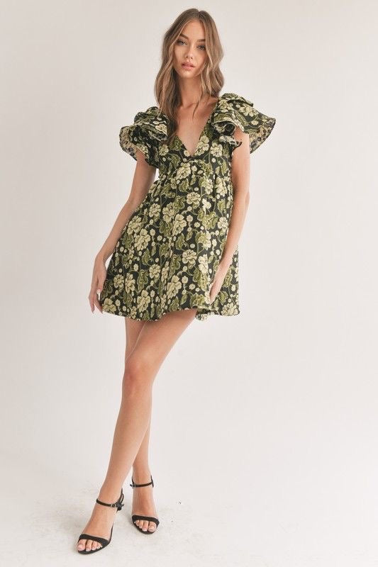 Floral Jacquard Ruffle Sleeve Dress