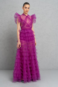 Tulle Sheer Ruffle Maxi Dress