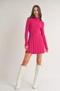 Pleated Mock Neck Sweater Dress