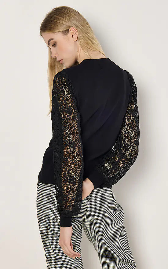 Crew Neck Sweater with Lace Sleeves