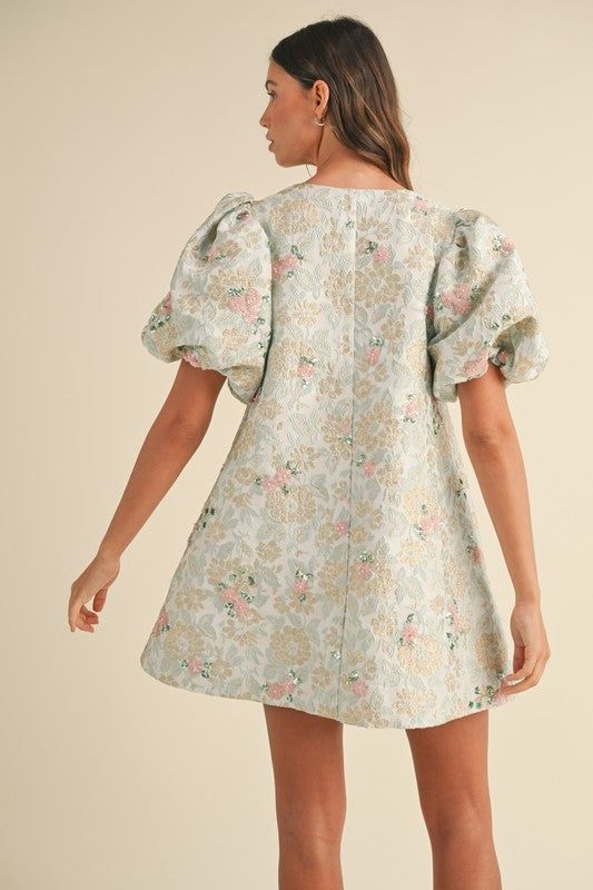 Floral Beaded Jacquard Mini Dress with Puff Sleeves