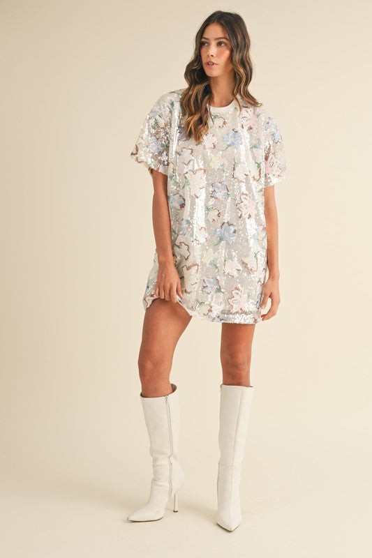 Floral Sequin T-Shirt Mini Dress