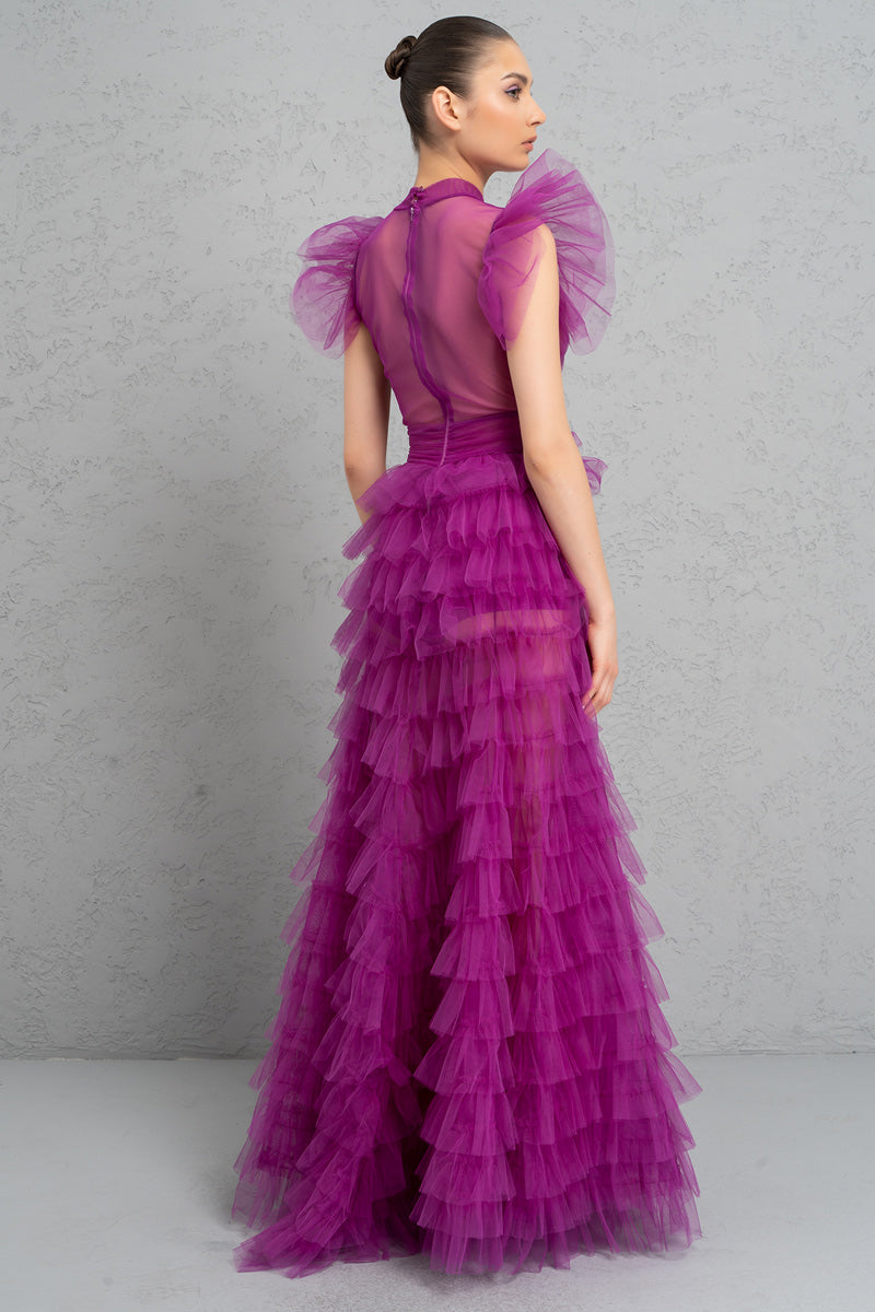 Tulle Sheer Ruffle Maxi Dress