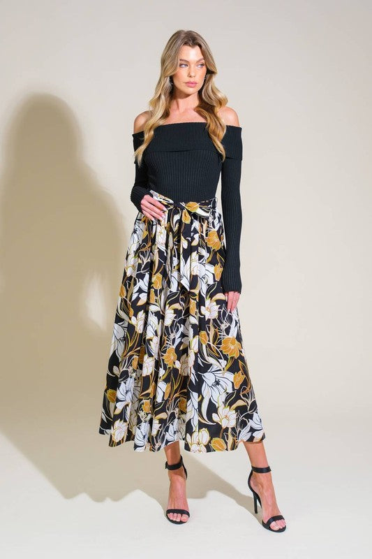 Off the Shoulder Floral Midi Dress