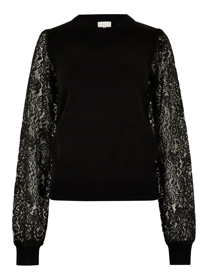 Crew Neck Sweater with Lace Sleeves