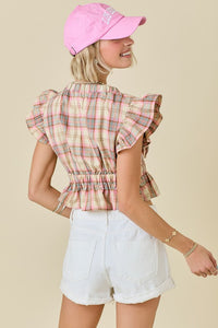 Plaid Fluttered Sleeve Top