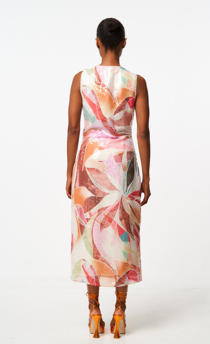 Abstract Print Sequin Midi Dress