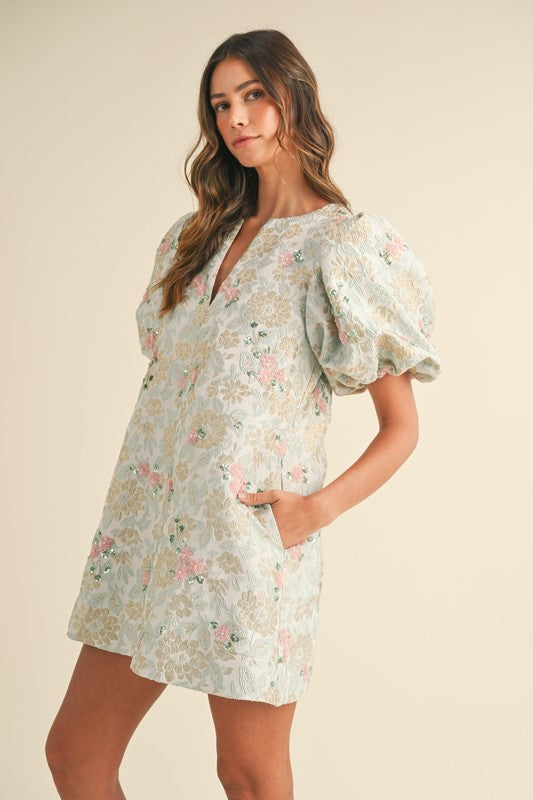 Floral Beaded Jacquard Mini Dress with Puff Sleeves