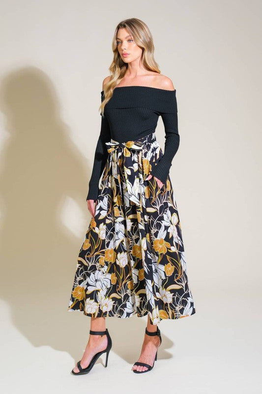 Off the Shoulder Floral Midi Dress