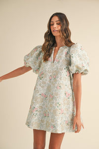 Floral Beaded Jacquard Mini Dress with Puff Sleeves