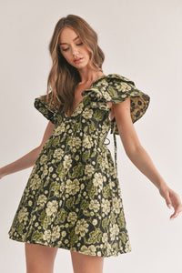 Floral Jacquard Ruffle Sleeve Dress