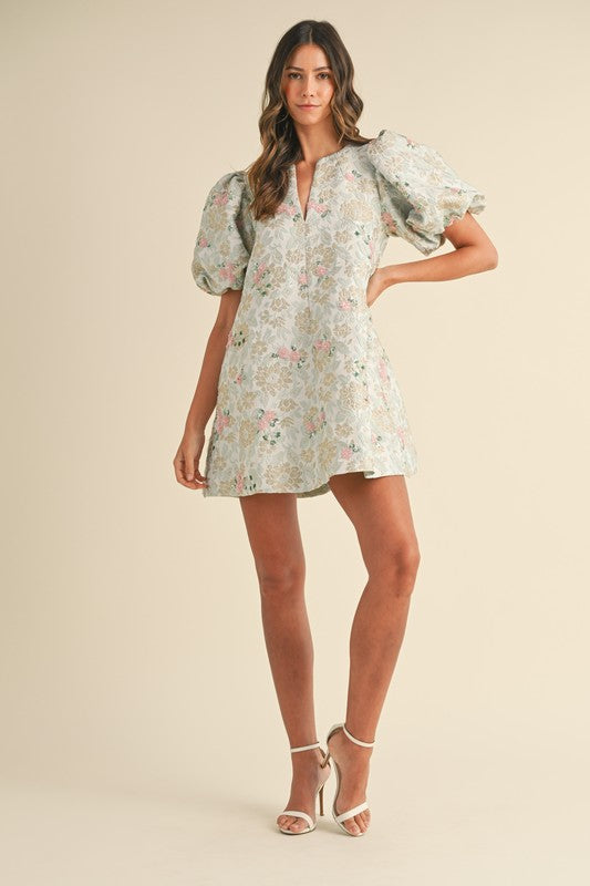 Floral Beaded Jacquard Mini Dress with Puff Sleeves