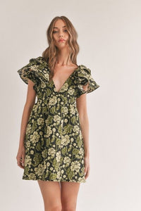 Floral Jacquard Ruffle Sleeve Dress