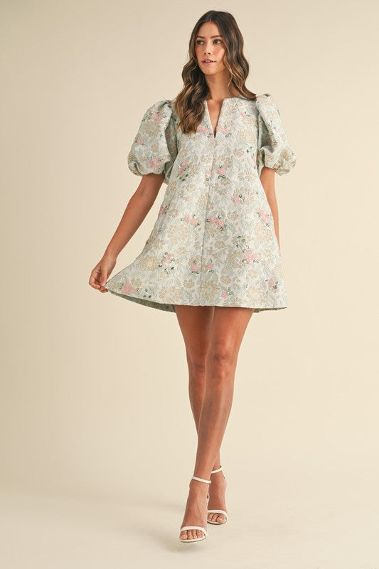 Floral Beaded Jacquard Mini Dress with Puff Sleeves