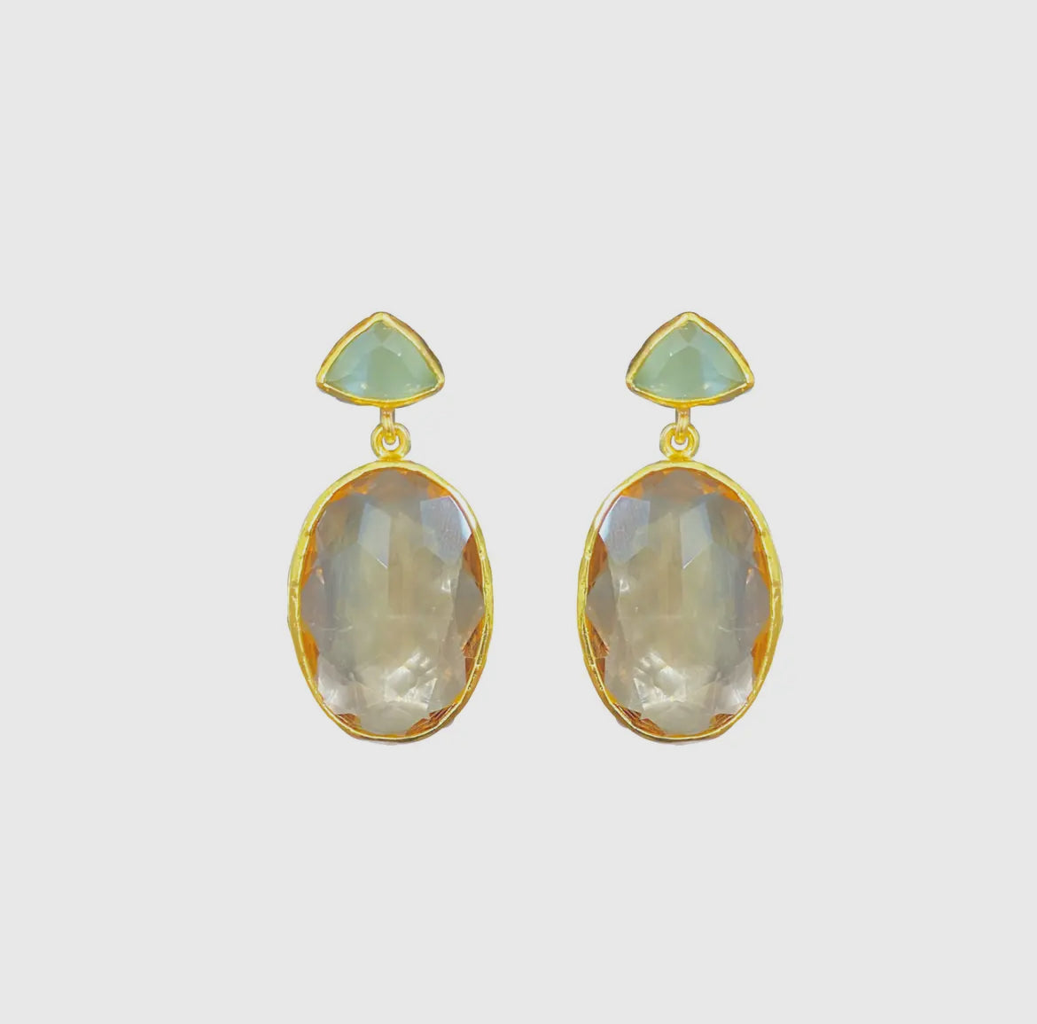 Mint Chalcedony & Champagne Crystal Oval Drop Earrings