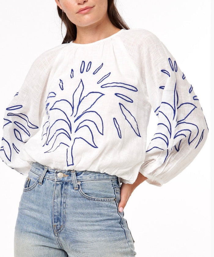 Embroidered Bishop Bubble Sleeve Top