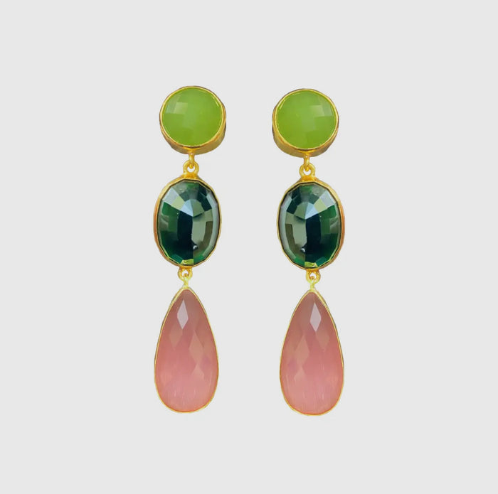 3 Stone Earrings with Green Onyx, Teal Crystal & Pink Monalisa