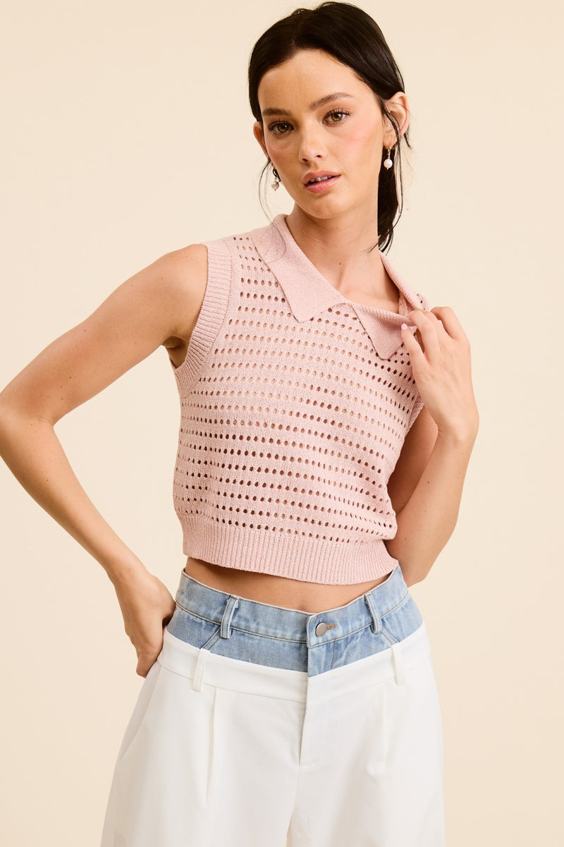 Punching Knit Collared Crop Top