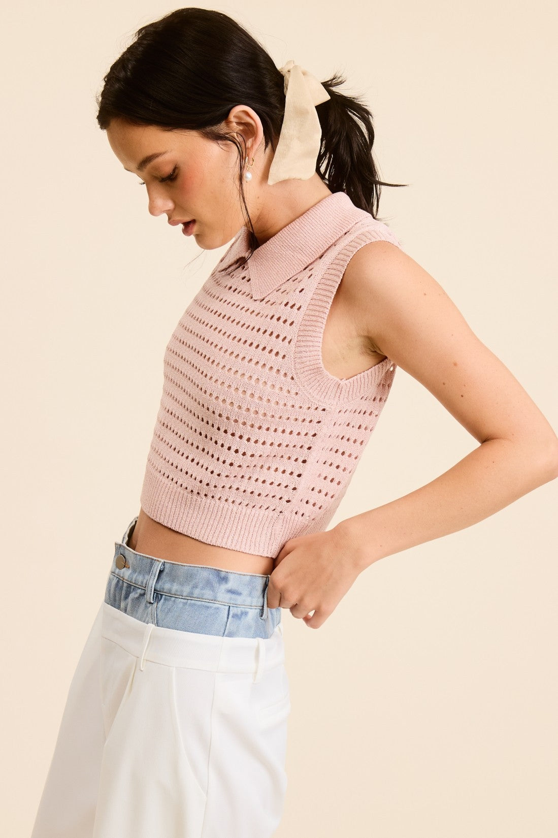 Punching Knit Collared Crop Top