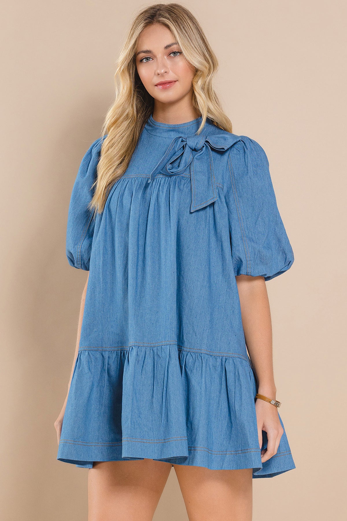 Puff Sleeve Babydoll Mini Dress with Bow Detail