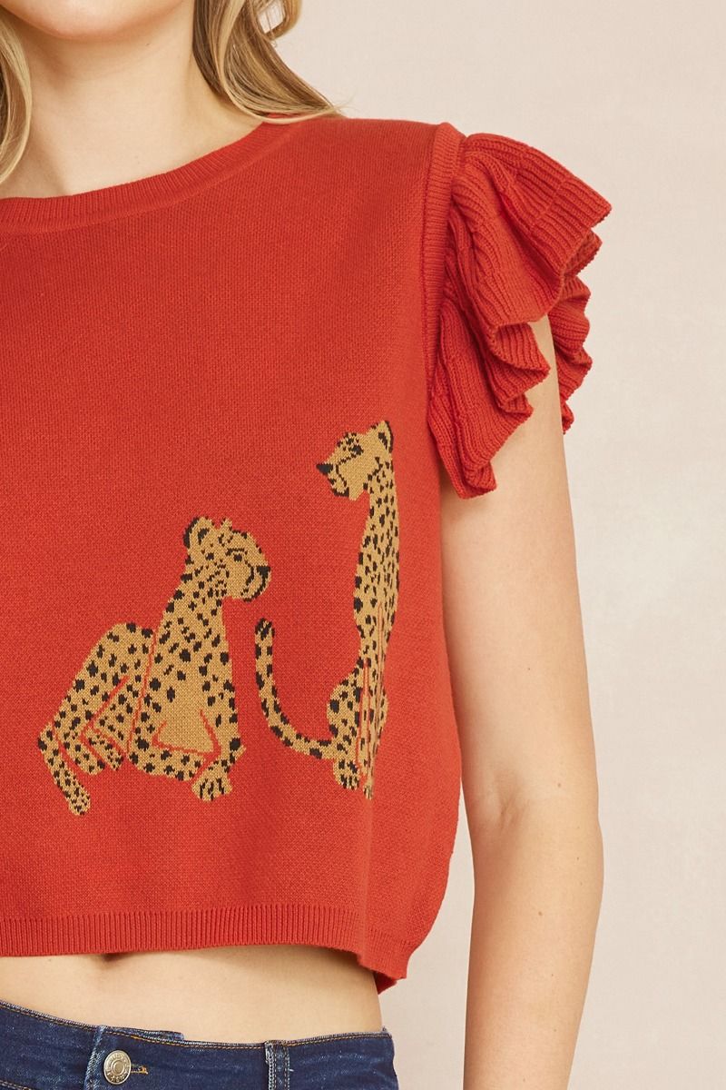 Ruffle Sleeve Knit Cheetah Crop Top