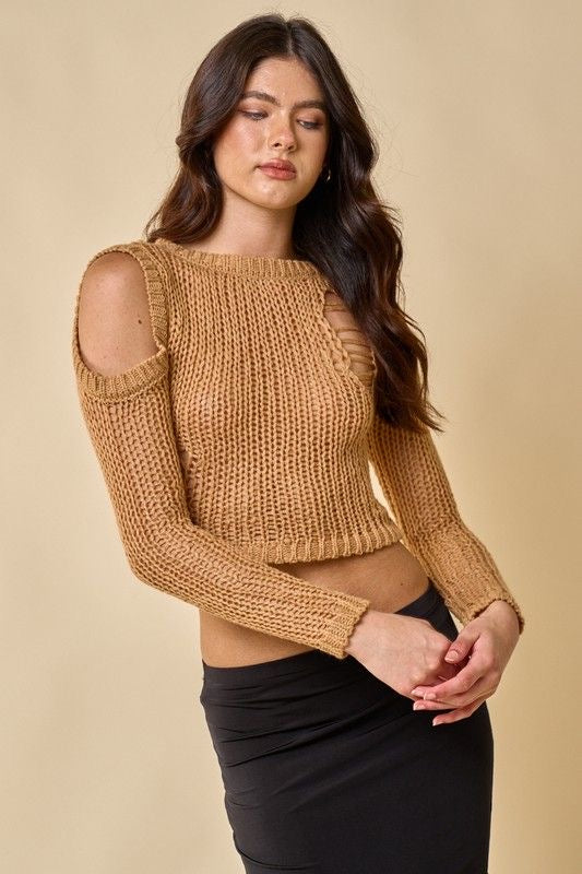 Cut-Out Shoulder Crop Sweater