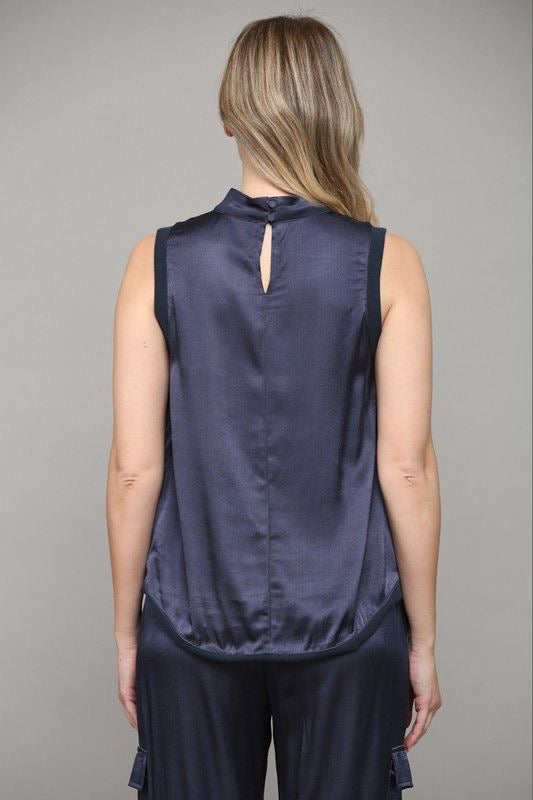 Satin Top with Ribbed Trim