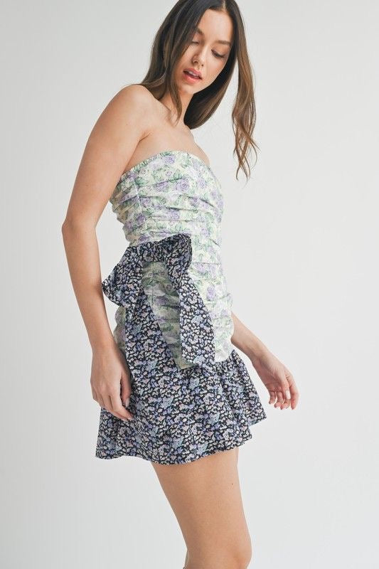 Floral Contrast Mini Dress with Bow Detail