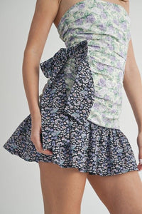 Floral Contrast Mini Dress with Bow Detail