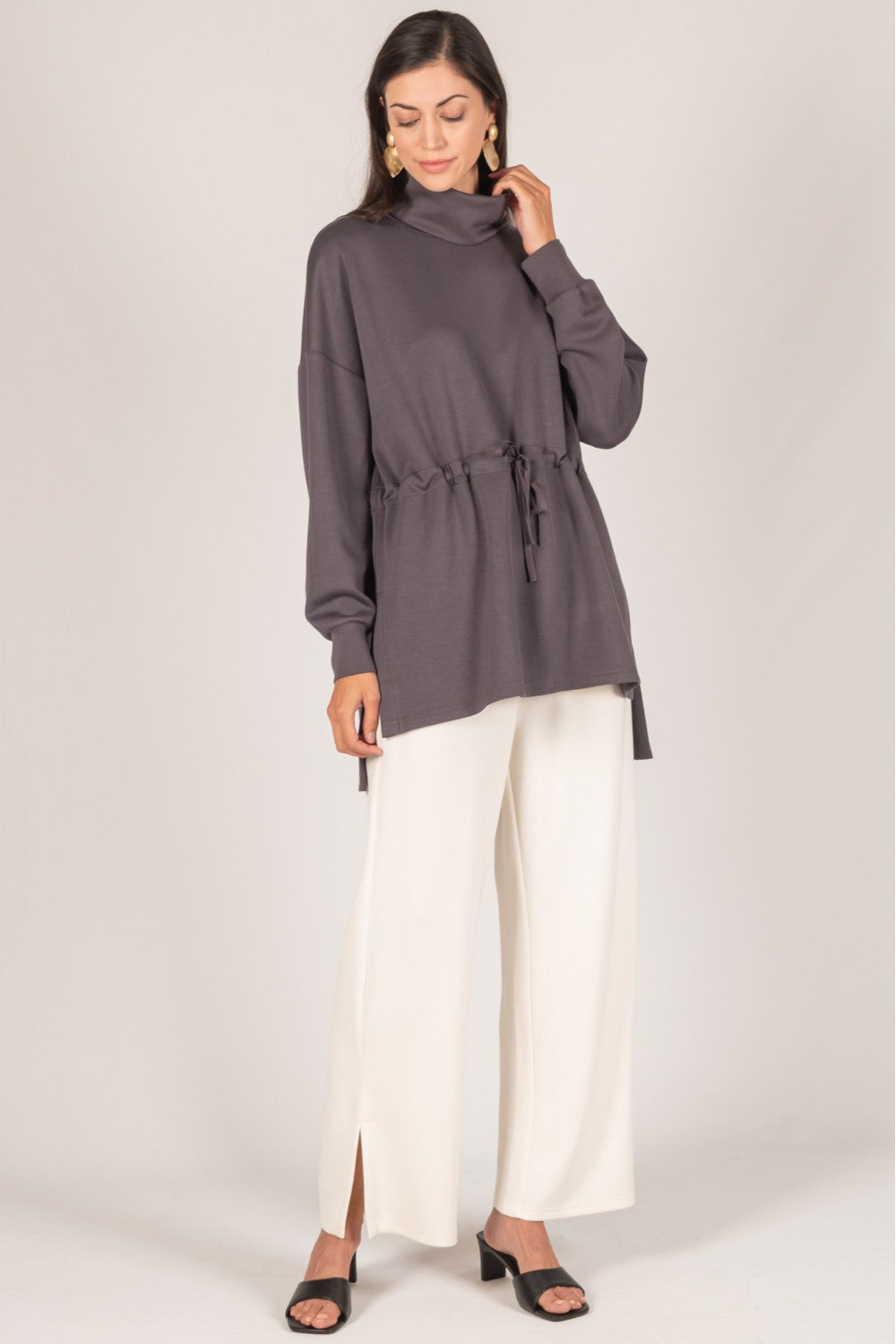 Scuba Modal Long Sleeve Top with Waist Tie